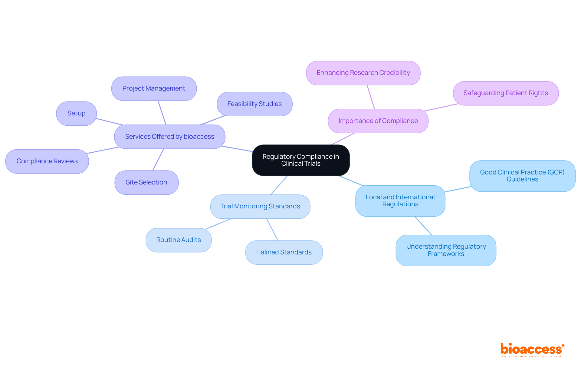 The central node represents the main focus on regulatory compliance, while the branches show the various aspects and services that support this goal. Each service is a step towards ensuring adherence to regulations. The central node represents the main focus on regulatory compliance, while the branches show the various aspects and services that support this goal. Each service is a step towards ensuring adherence to regulations.