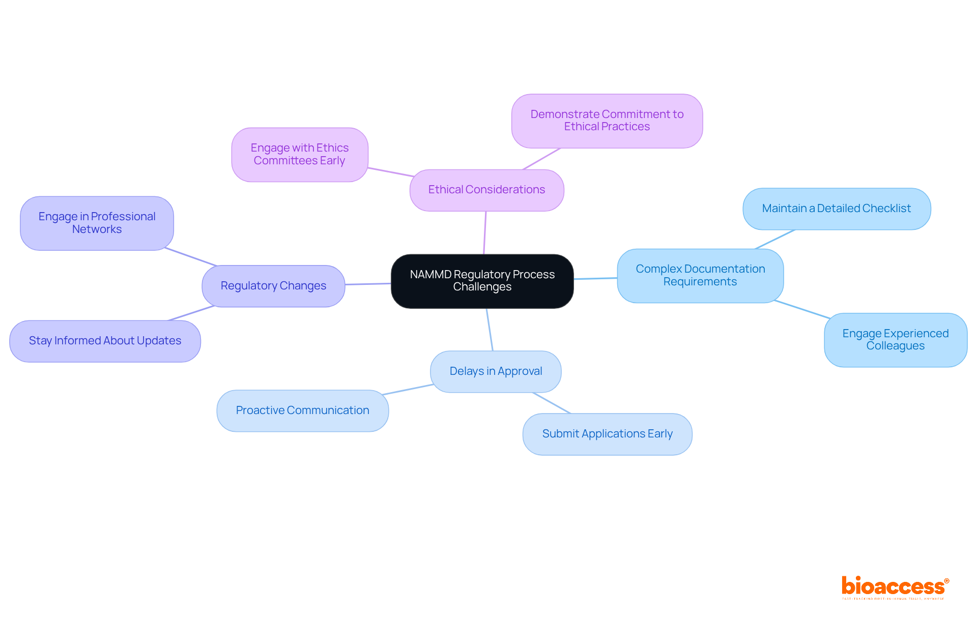 The central node represents the overall regulatory process, while each branch highlights a specific challenge. The sub-branches provide actionable strategies to address those challenges, making it easier to navigate the complexities of drug trials. The central node represents the overall regulatory process, while each branch highlights a specific challenge. The sub-branches provide actionable strategies to address those challenges, making it easier to navigate the complexities of drug trials.