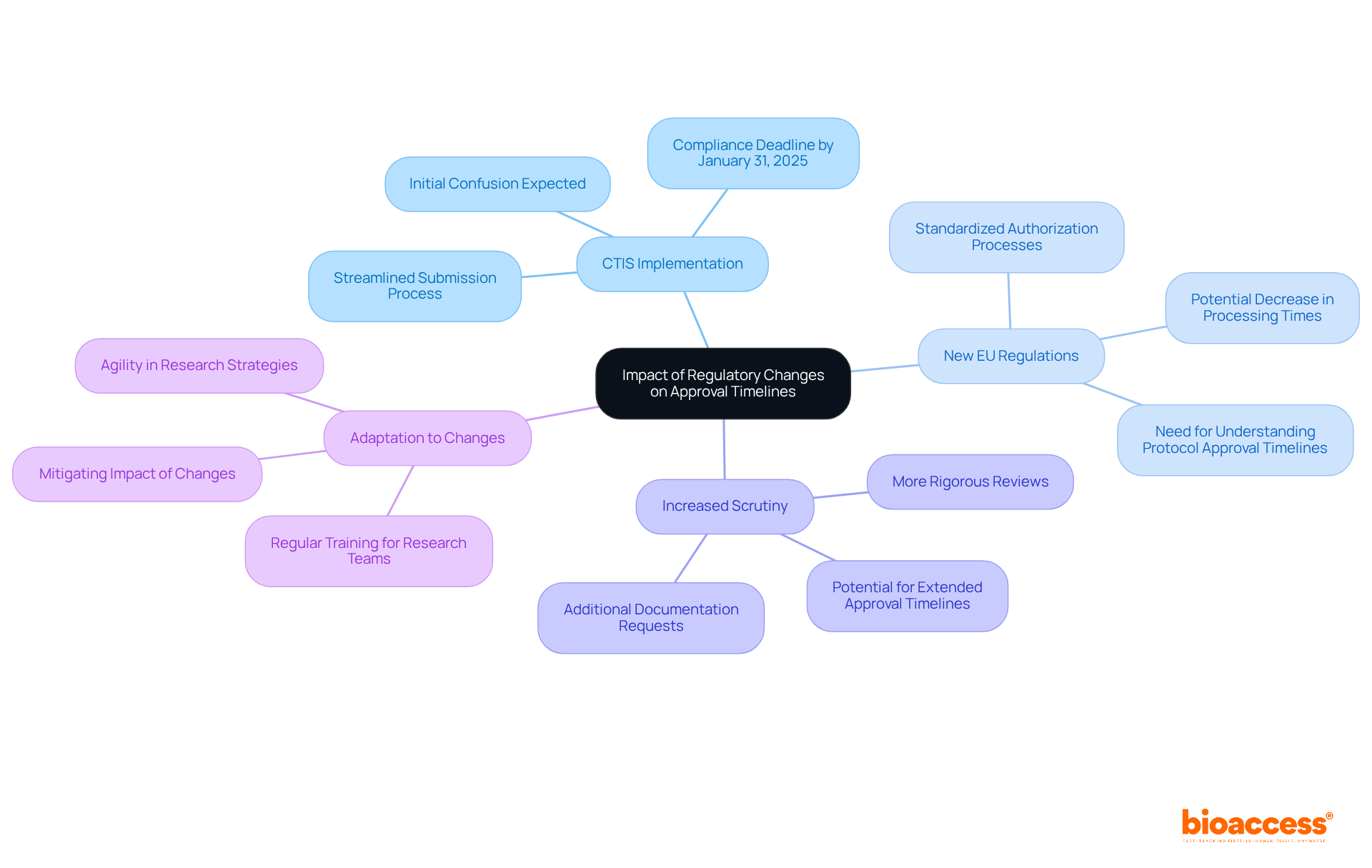 The central node represents the main topic, while the branches illustrate different regulatory changes and their effects. Each sub-branch provides more detail on how these changes impact approval timelines. The central node represents the main topic, while the branches illustrate different regulatory changes and their effects. Each sub-branch provides more detail on how these changes impact approval timelines.