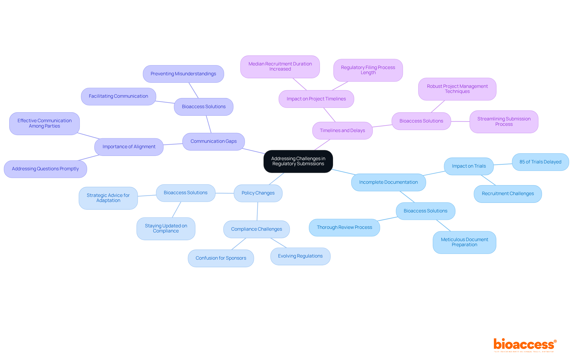 The central node represents the main theme, while each branch shows a specific challenge. The sub-branches explain how Bioaccess helps overcome these challenges, making it clear how they contribute to the regulatory submission process. The central node represents the main theme, while each branch shows a specific challenge. The sub-branches explain how Bioaccess helps overcome these challenges, making it clear how they contribute to the regulatory submission process.