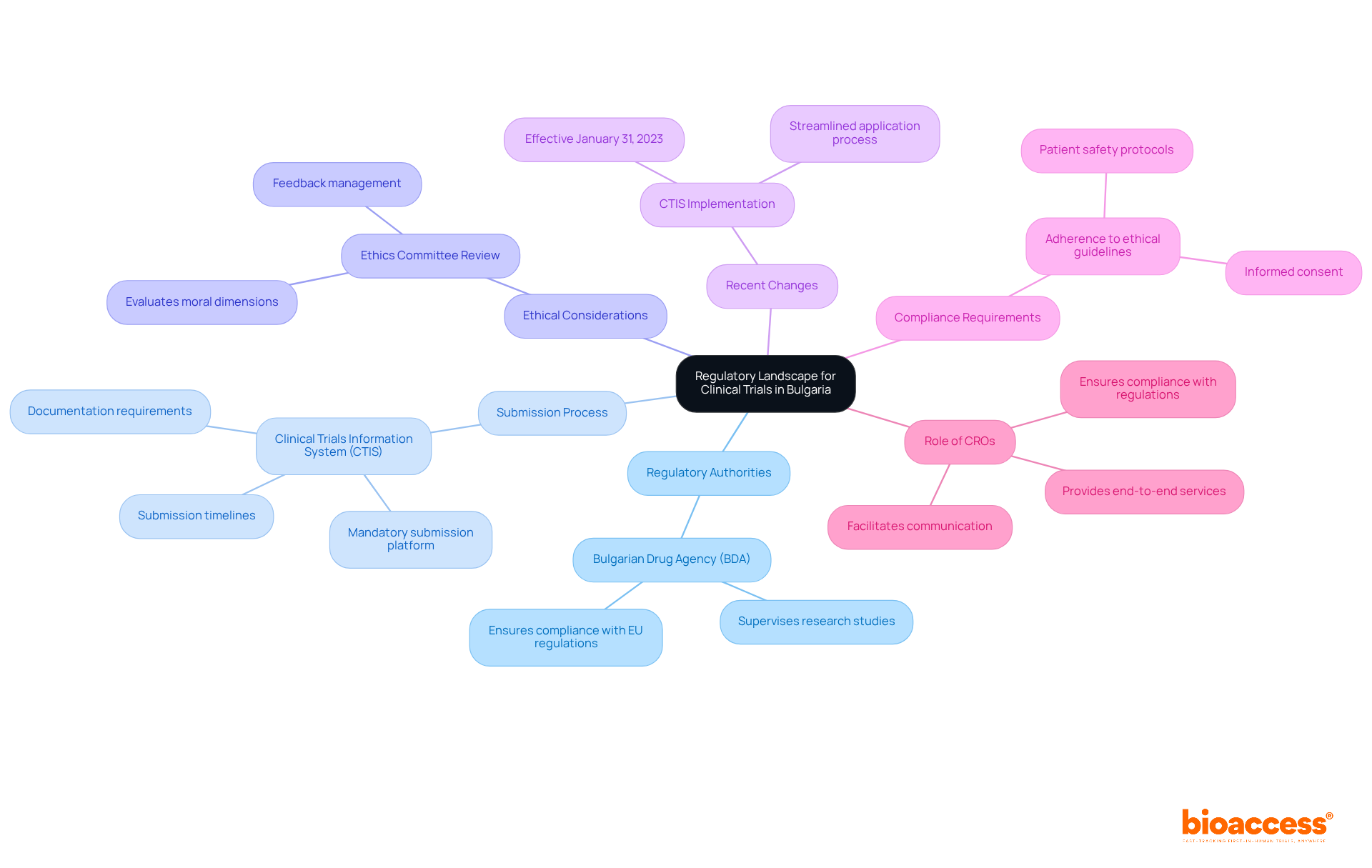 The central node represents the main topic, while the branches show key considerations and their details. Each color-coded branch helps you quickly identify different aspects of the regulatory framework.