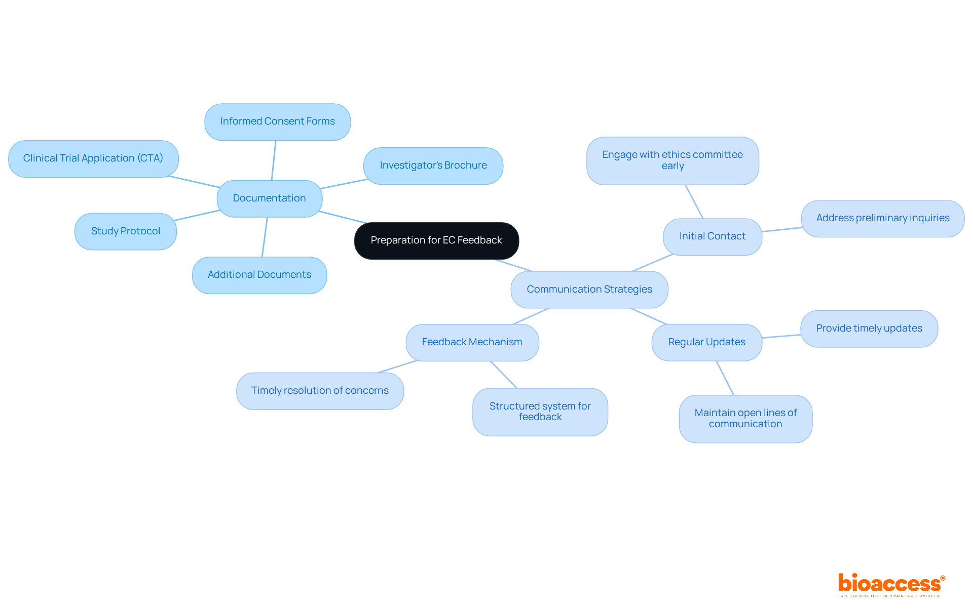 The central node represents the overall preparation for EC feedback, with branches showing the two main components: documentation and communication strategies. Each sub-branch details specific actions or documents needed, helping you understand the comprehensive approach required.