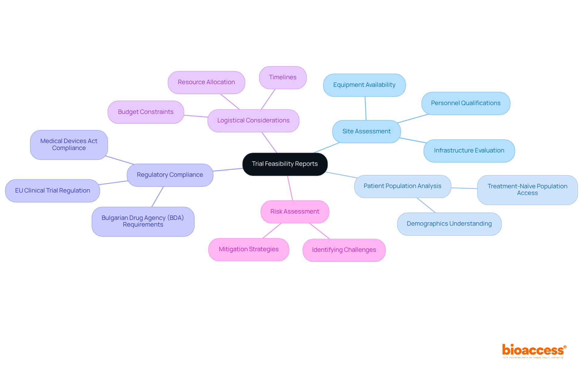 The central node represents the main topic, while each branch shows a critical component of the trial feasibility report. Follow the branches to explore the details of each component and understand how they contribute to successful clinical research.