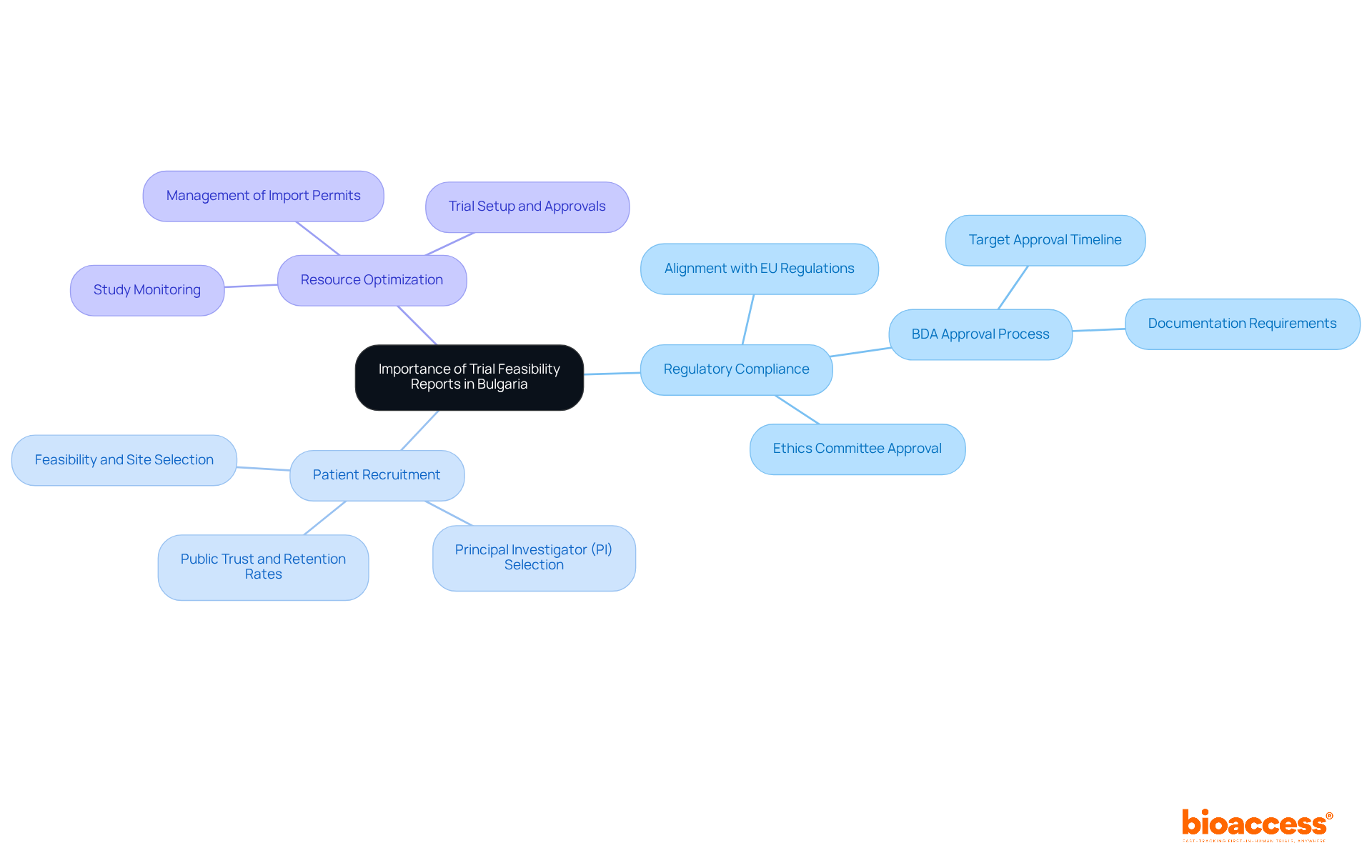 The central node represents the main topic, while the branches show related areas and services. Each color-coded branch helps you see how different aspects contribute to the overall importance of trial feasibility reports.