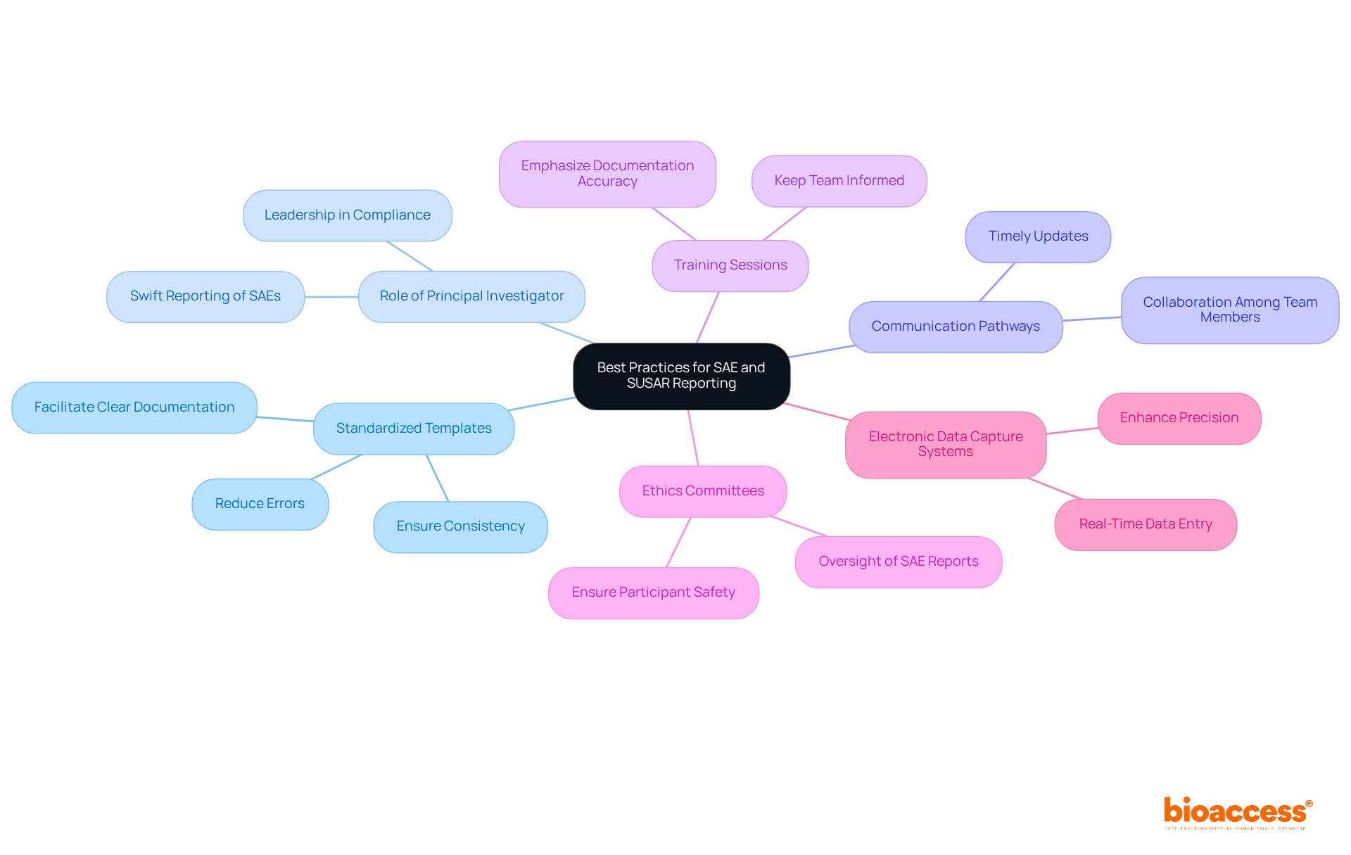 The central node represents the main focus on best practices, while each branch highlights a specific area of improvement. Follow the branches to explore how each practice contributes to better reporting and compliance.