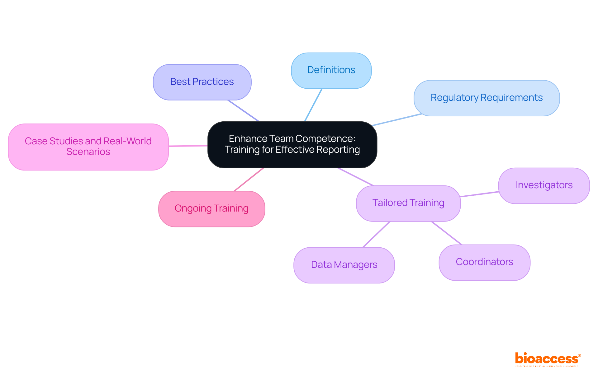 The central node represents the main goal of enhancing team competence. Each branch shows a key component of the training program, helping you see how everything connects to improve reporting skills.