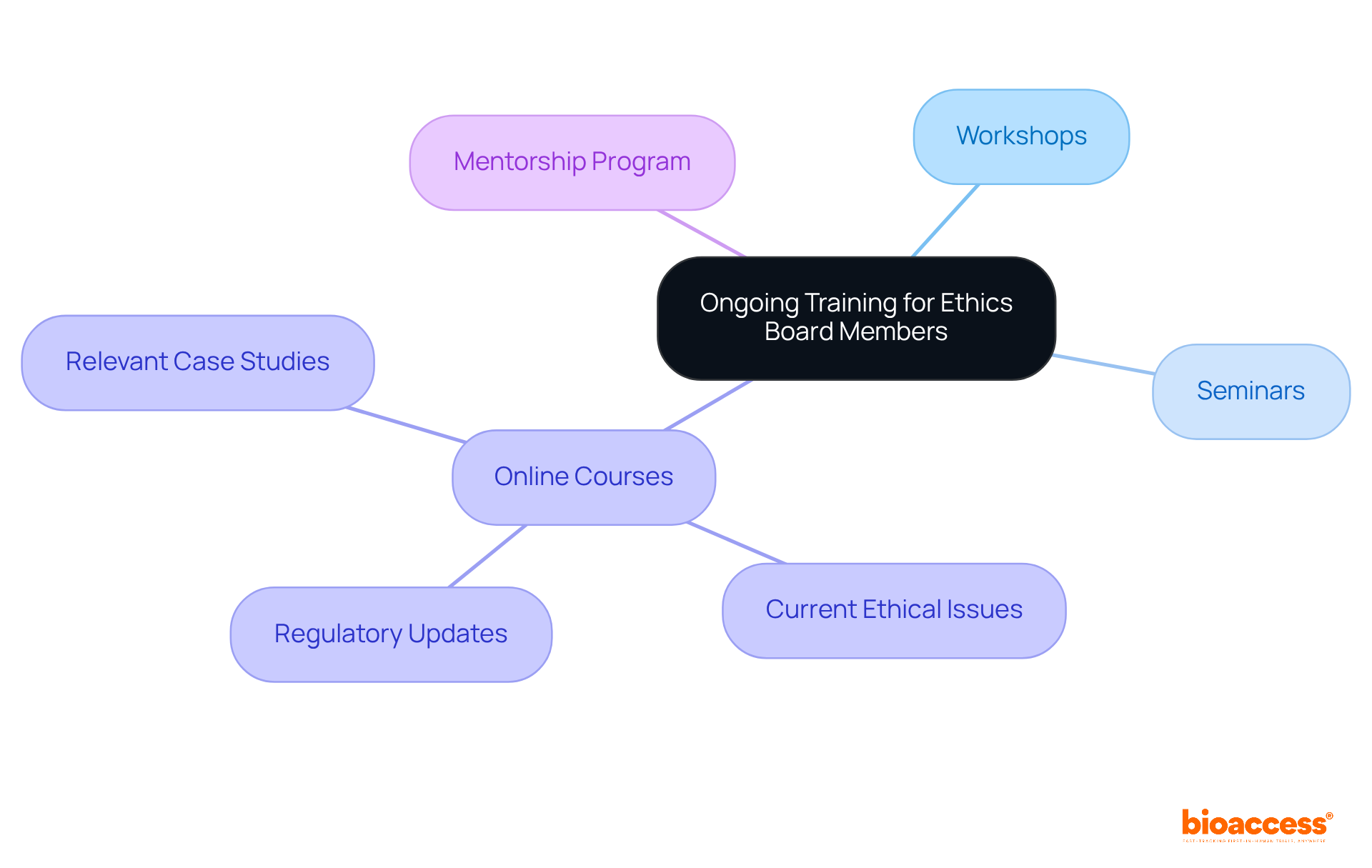 The center represents the main focus on training, while the branches show different methods and strategies to enhance the skills of ethics committee participants.