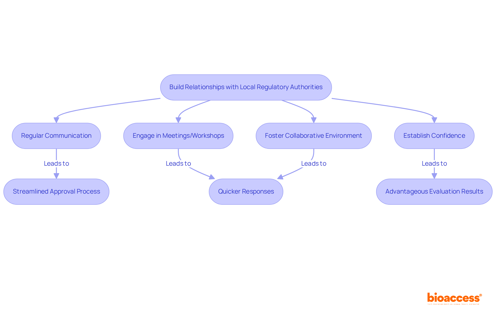 Follow the arrows to see how each action contributes to better relationships with regulatory bodies, leading to faster approvals and more efficient clinical trials.