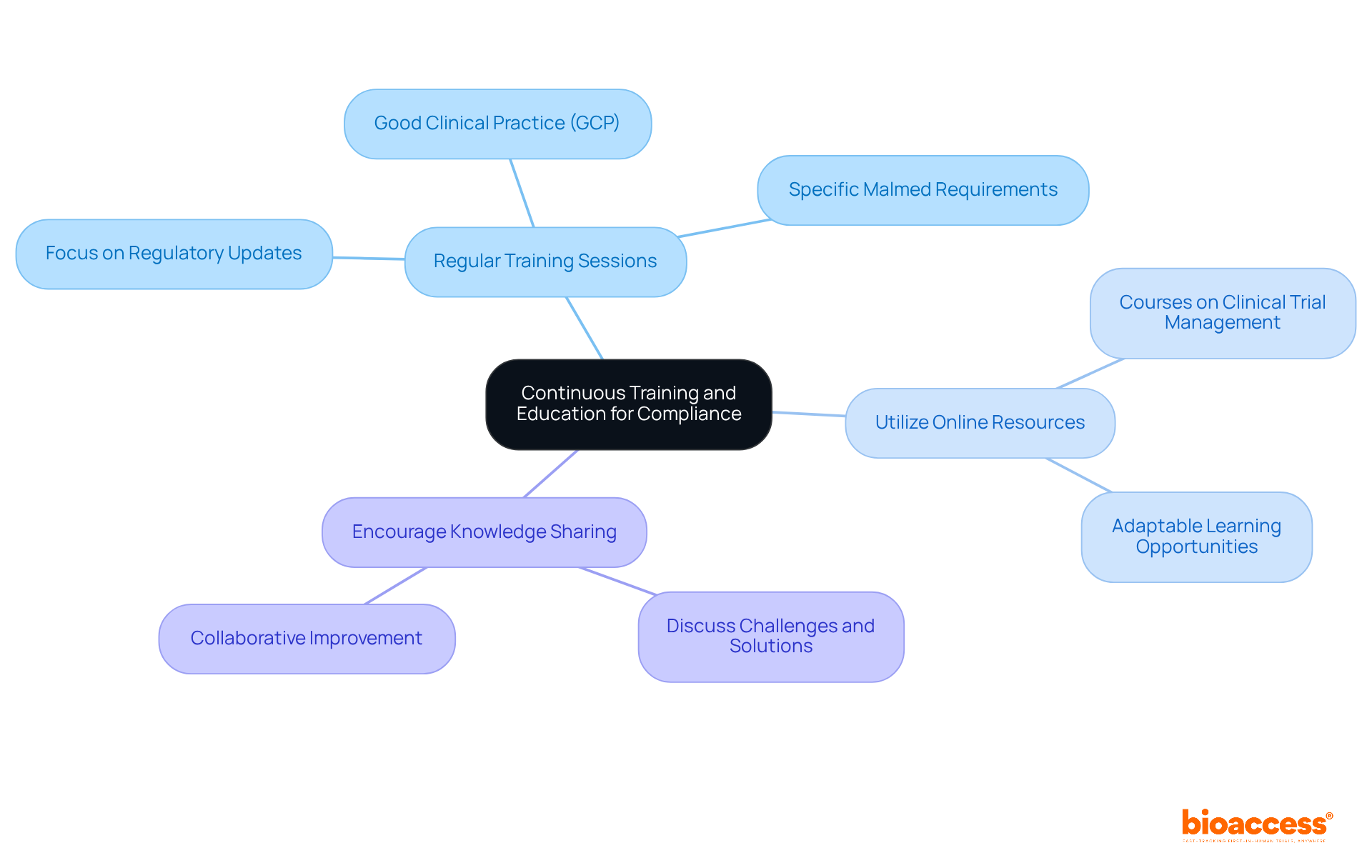 The center represents the main focus on training and education, while the branches show specific practices that support this goal. Each branch highlights a different approach to maintaining compliance. The center represents the main focus on training and education, while the branches show specific practices that support this goal. Each branch highlights a different approach to maintaining compliance.