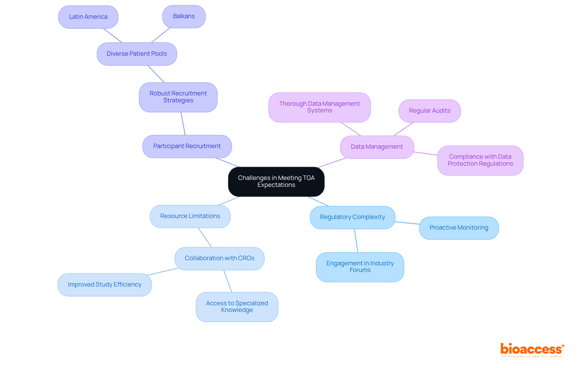 The center represents the overall challenge of meeting TGA expectations, while the branches show specific challenges and strategies. Each color-coded branch helps you quickly identify different areas of focus.