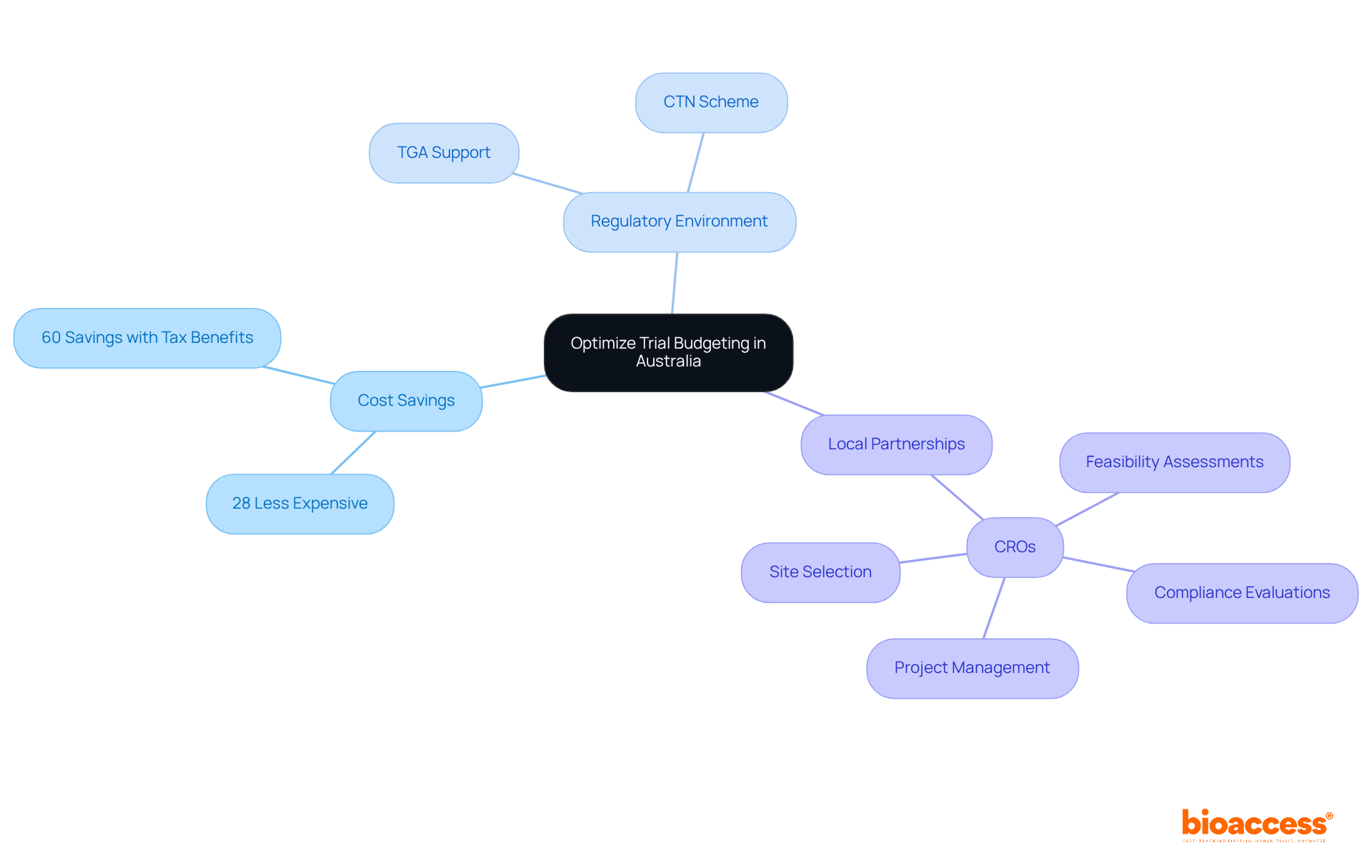 Start at the center with the main goal of optimizing trial budgeting, then follow the branches to explore cost savings, regulatory support, and local partnerships that enhance the process. Start at the center with the main goal of optimizing trial budgeting, then follow the branches to explore cost savings, regulatory support, and local partnerships that enhance the process.