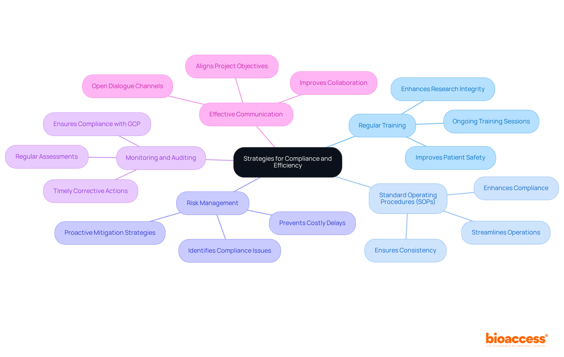 The central node represents the overall goal of improving compliance and efficiency. Each branch shows a specific strategy, and the sub-branches provide details on how that strategy can be implemented effectively.