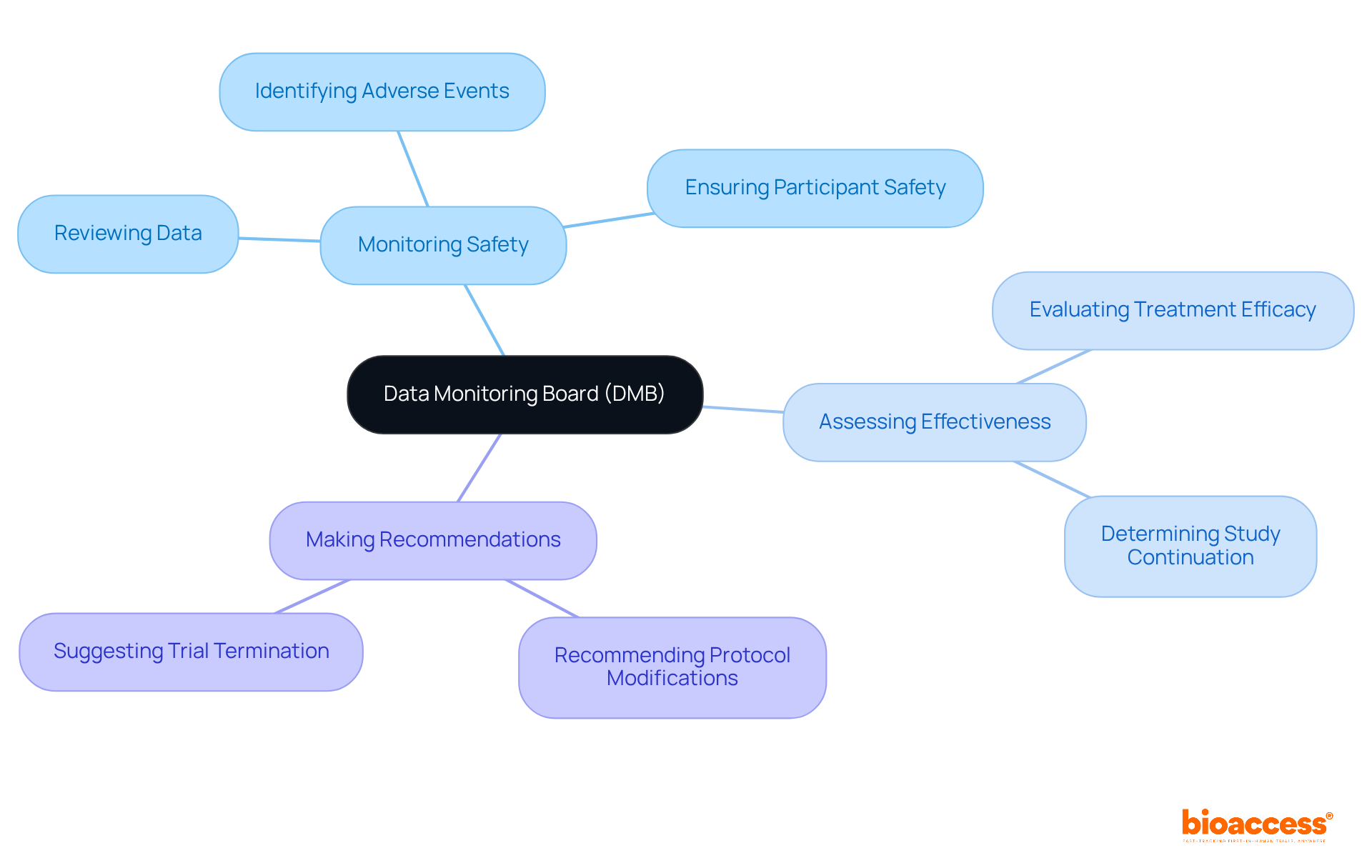 The central node represents the Data Monitoring Board, while the branches show its key responsibilities. Each branch highlights a specific area of focus, helping you understand how the DMB contributes to the safety and effectiveness of clinical studies.