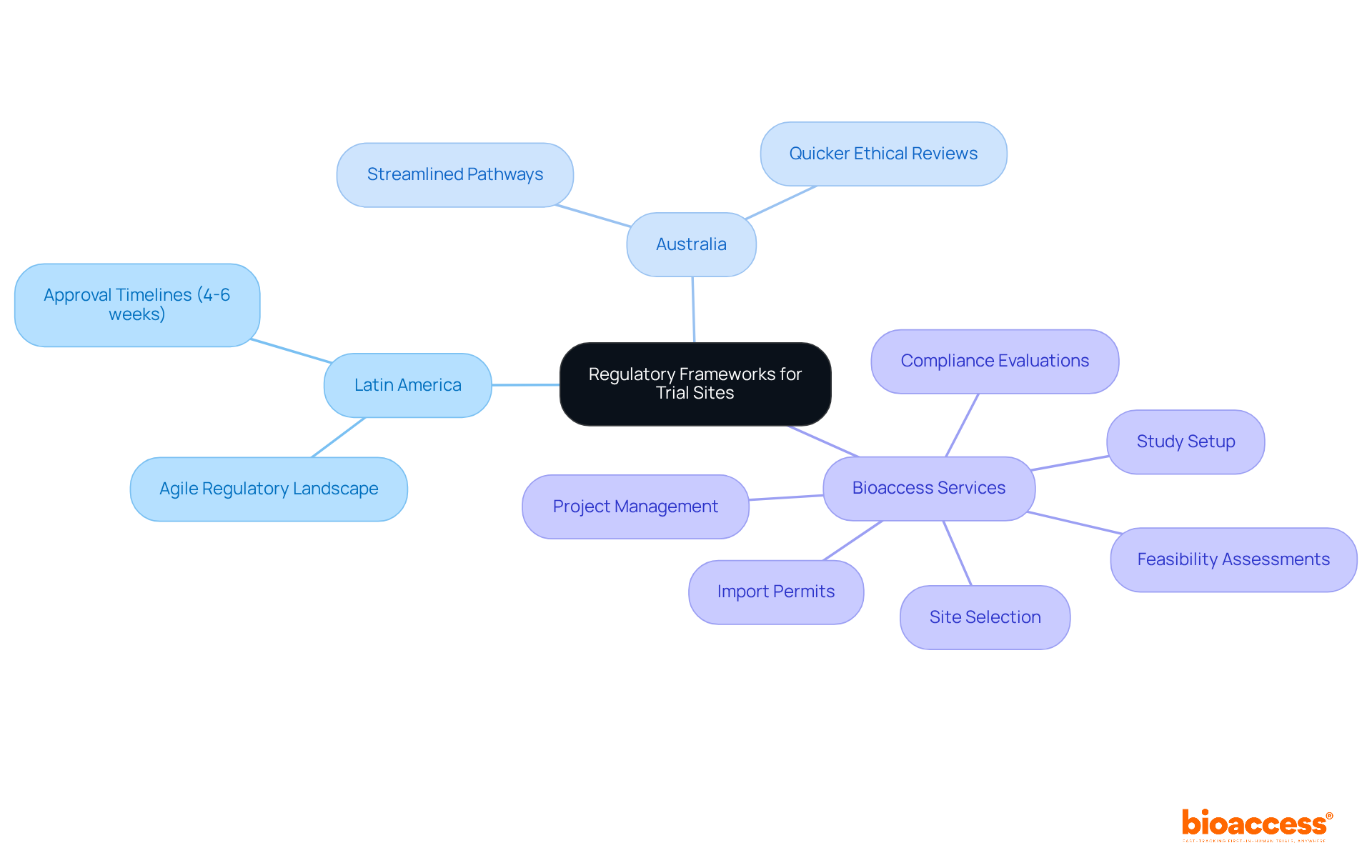 The central node represents the main topic, while the branches show different regions and their regulatory features. Each service offered by bioaccess is also highlighted, helping you understand how to navigate these frameworks effectively.