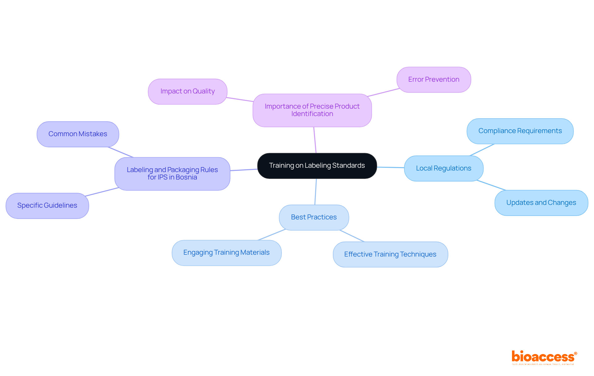 The center represents the main training focus, while the branches show the key areas of knowledge that staff need to learn. Each color-coded branch helps you quickly identify different topics related to compliance and quality.