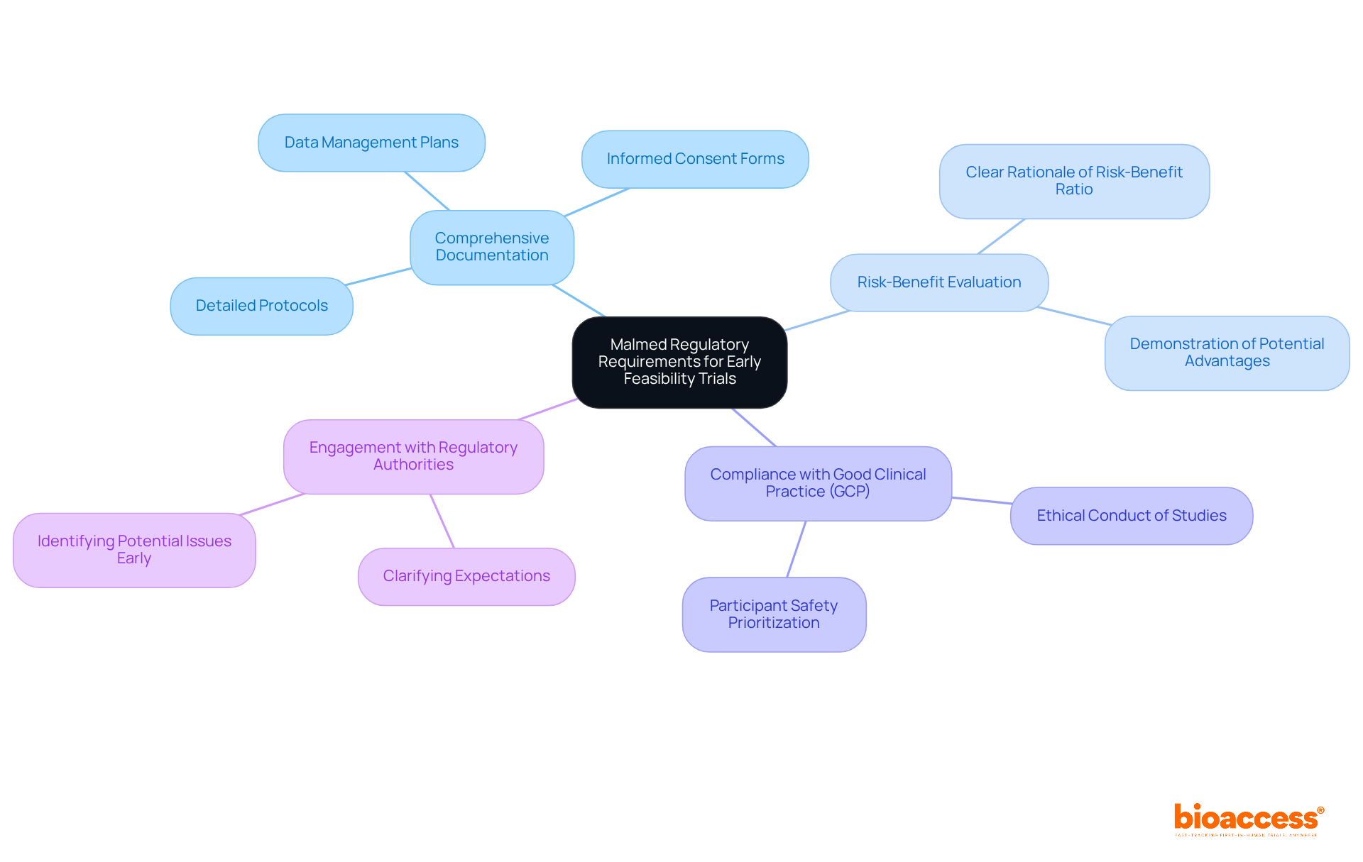 The central node represents the main topic of regulatory requirements. Each branch shows a key requirement, and you can follow the sub-branches for more detailed actions or considerations related to each requirement.