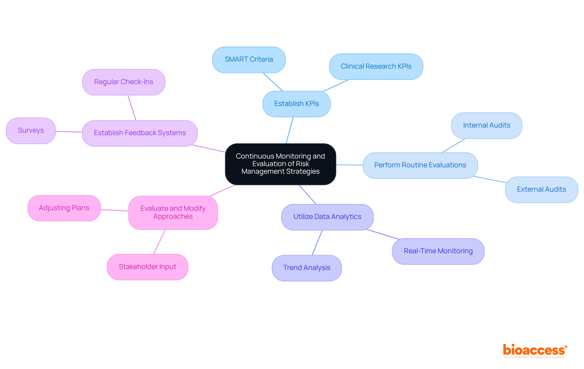 The central node represents the main focus of the strategies, while each branch shows a key practice. Follow the branches to explore how each practice contributes to effective risk management.