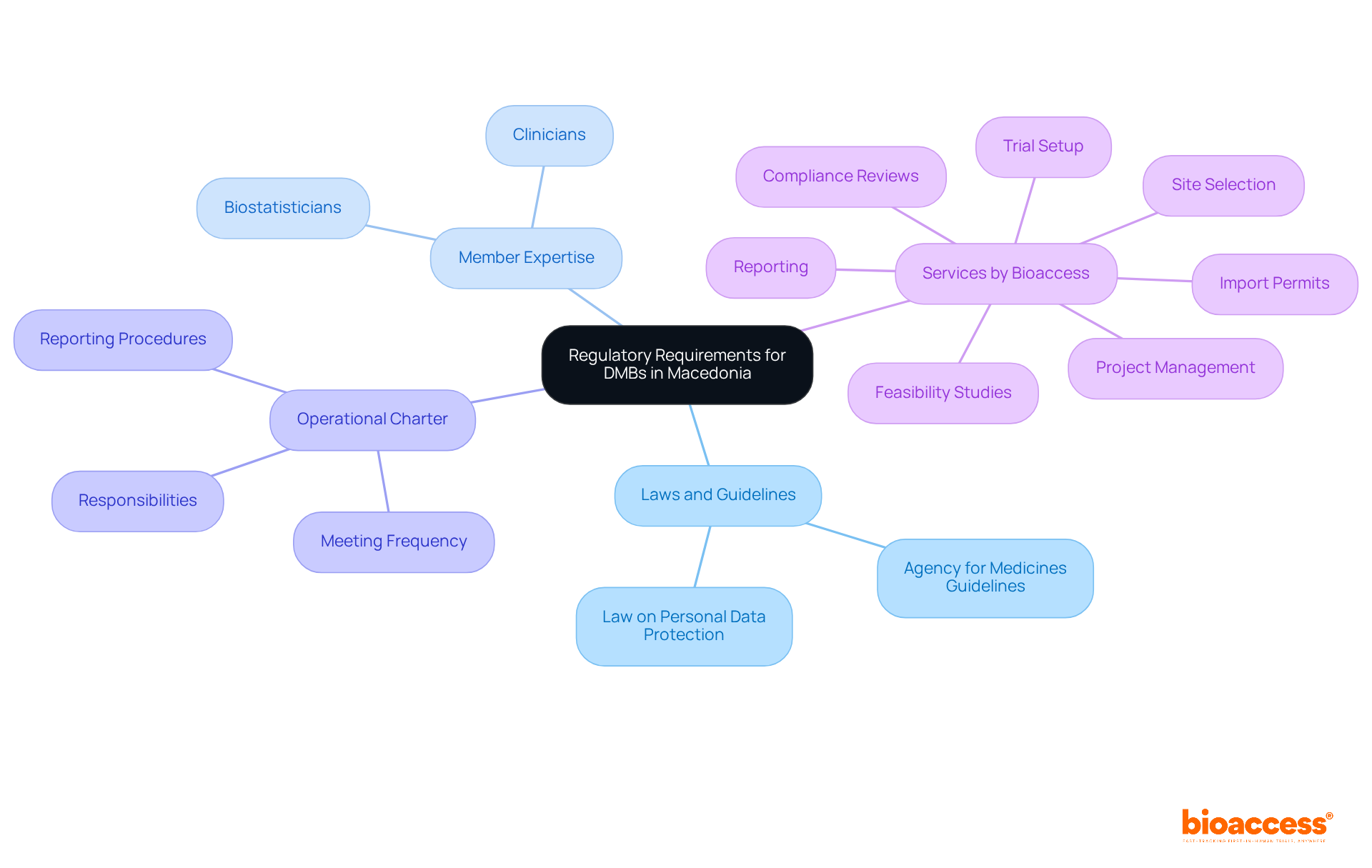 The central node represents the main topic, while branches show related areas of focus. Each sub-branch provides more detail about specific laws, roles, and services, helping you understand the structure and requirements at a glance.
