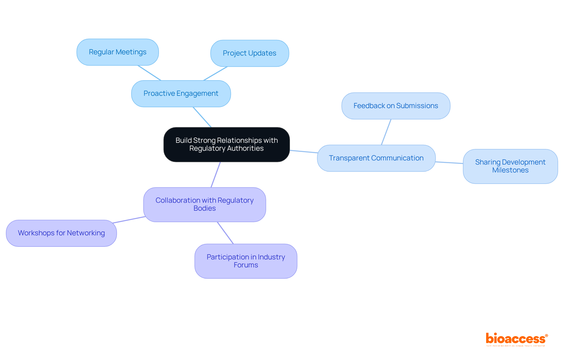 The central node represents the main goal of building relationships, while the branches show different strategies and practices that can help achieve this goal. Each color-coded branch highlights a specific area of focus, making it easy to see how they connect.