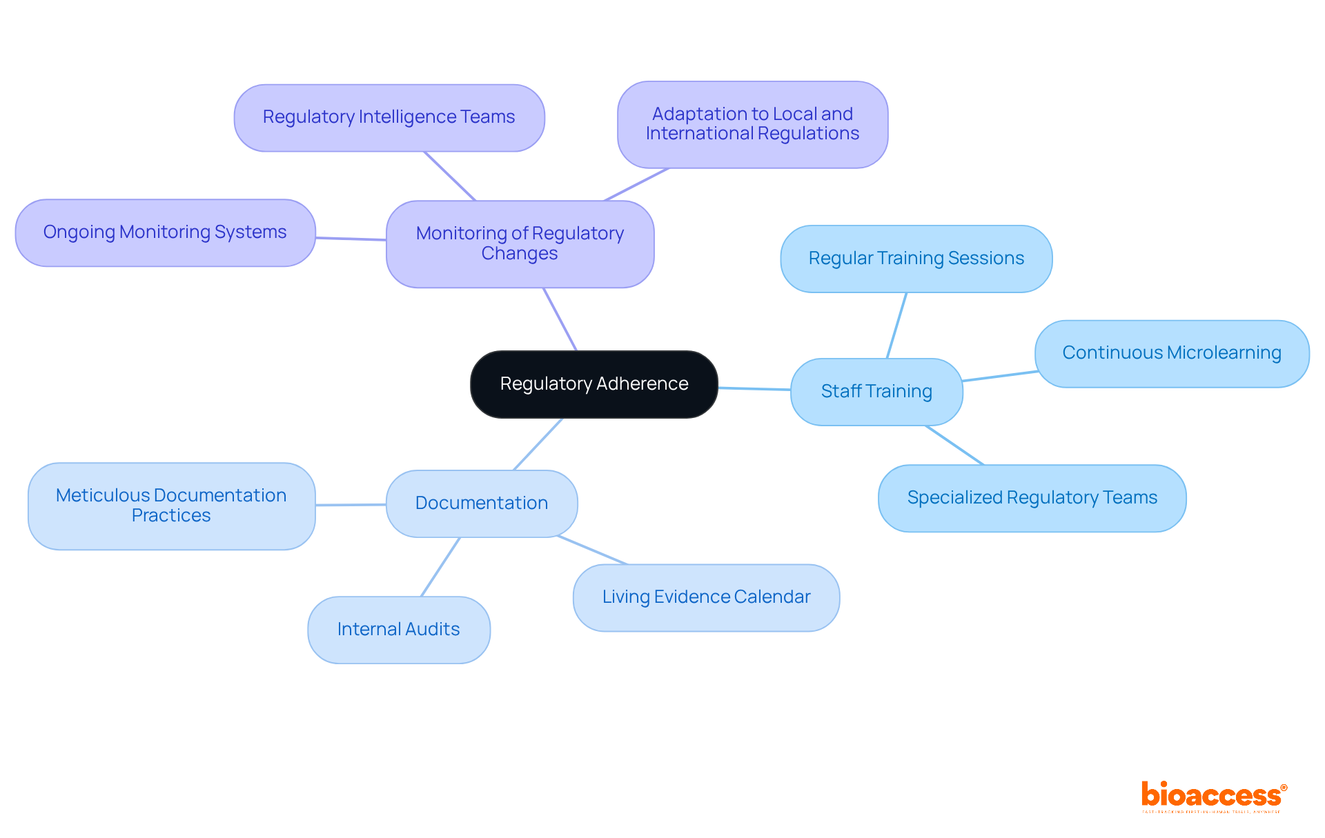 Start at the center with the main goal of regulatory adherence, then follow the branches to explore the key components and actions that support compliance.