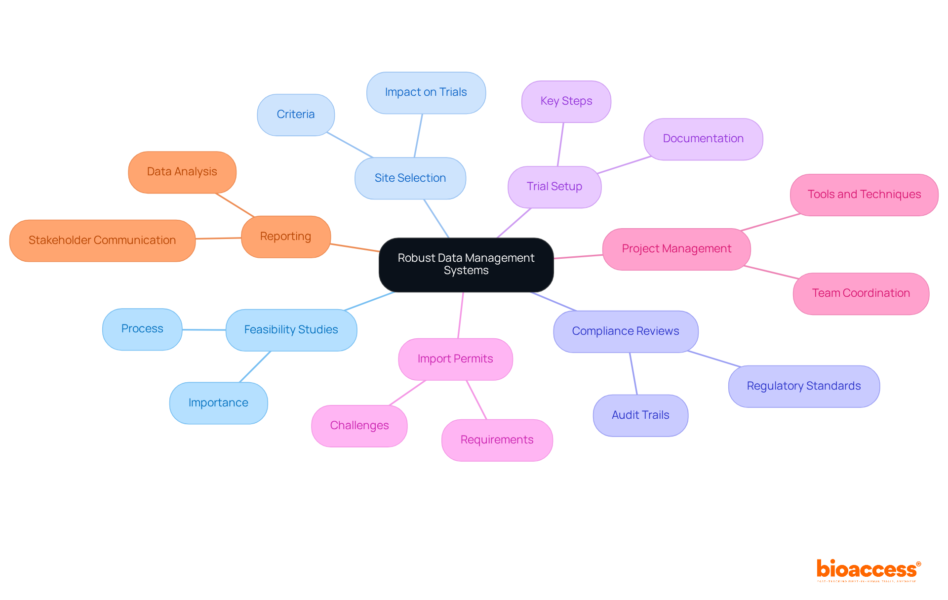The central node represents the main theme of data management systems, while the branches show the various services and processes involved. Each color-coded branch helps you quickly identify different aspects of the system, making it easier to understand how they all connect.