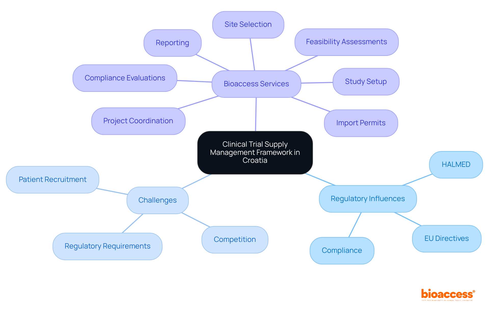 The central node represents the main framework, while branches show key influences, challenges, and services. Each branch helps you understand how these elements connect and contribute to the overall management of clinical trials.