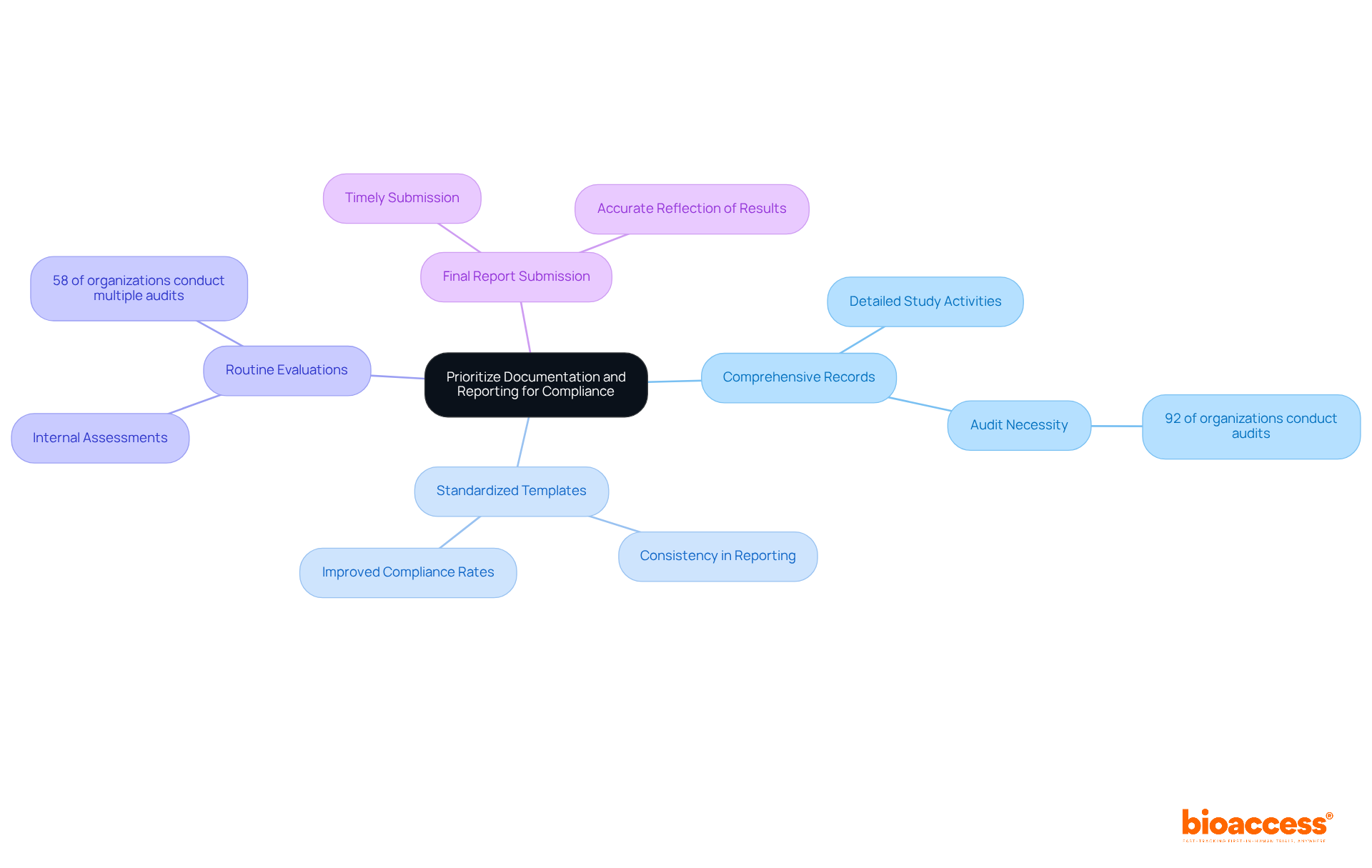 The center represents the main focus on documentation and reporting. Each branch shows a best practice, with further details on why it's important and how it contributes to compliance.