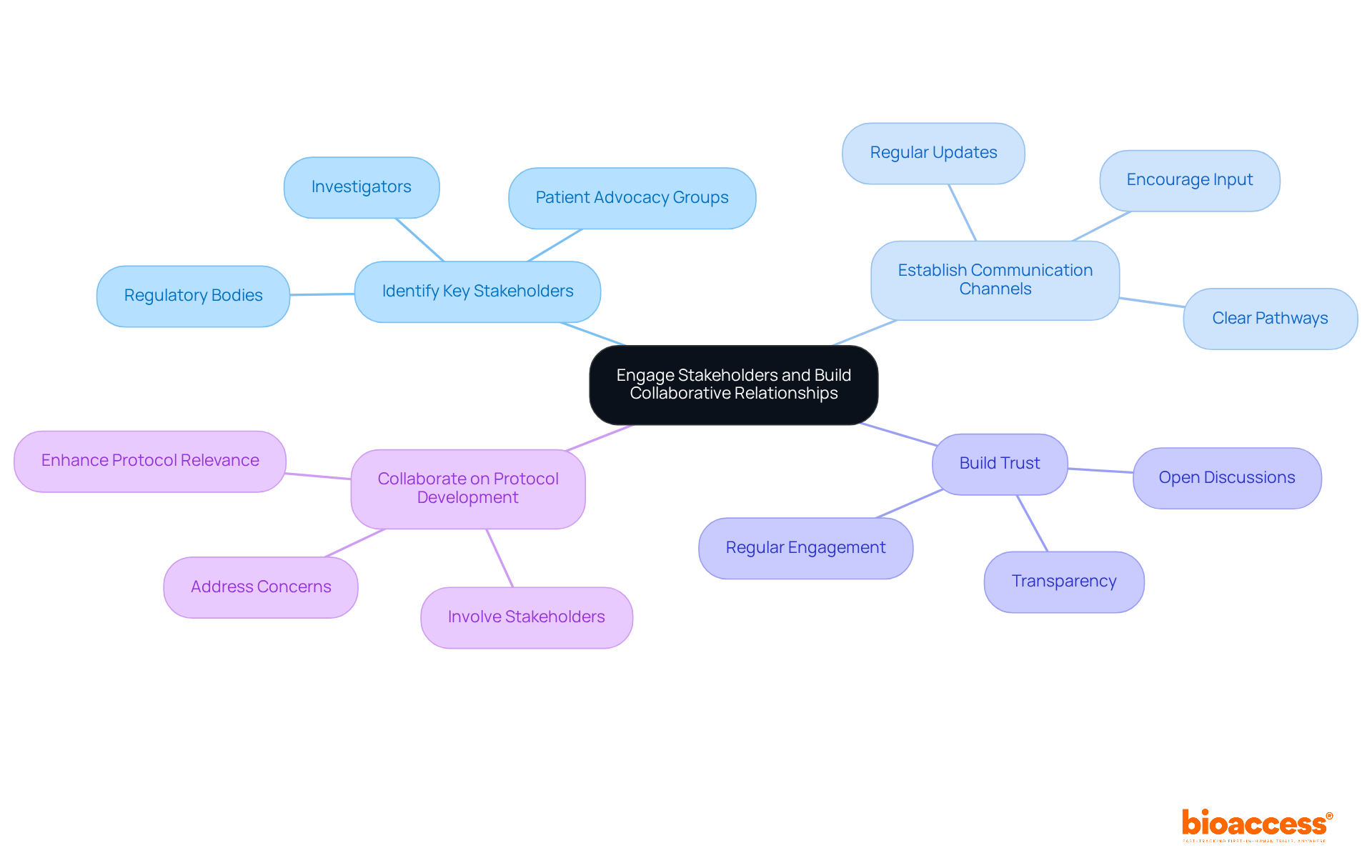 The central node represents the main goal of engaging stakeholders, while each branch outlines a key step in the process. Follow the branches to see how each step contributes to building collaborative relationships. The central node represents the main goal of engaging stakeholders, while each branch outlines a key step in the process. Follow the branches to see how each step contributes to building collaborative relationships.