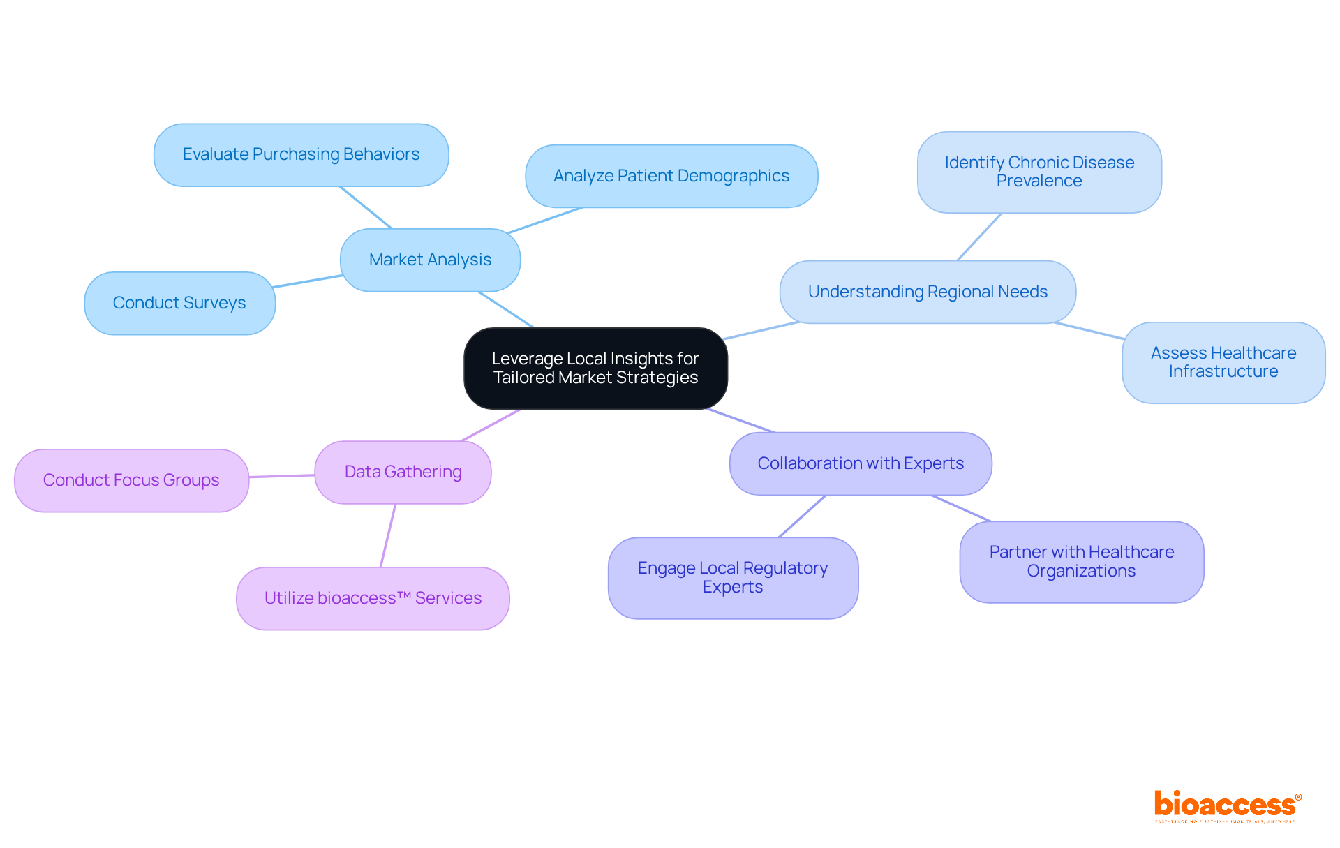 Start at the center with the main strategy, then follow the branches to explore different aspects of market entry, including analysis, collaboration, and data collection methods.
