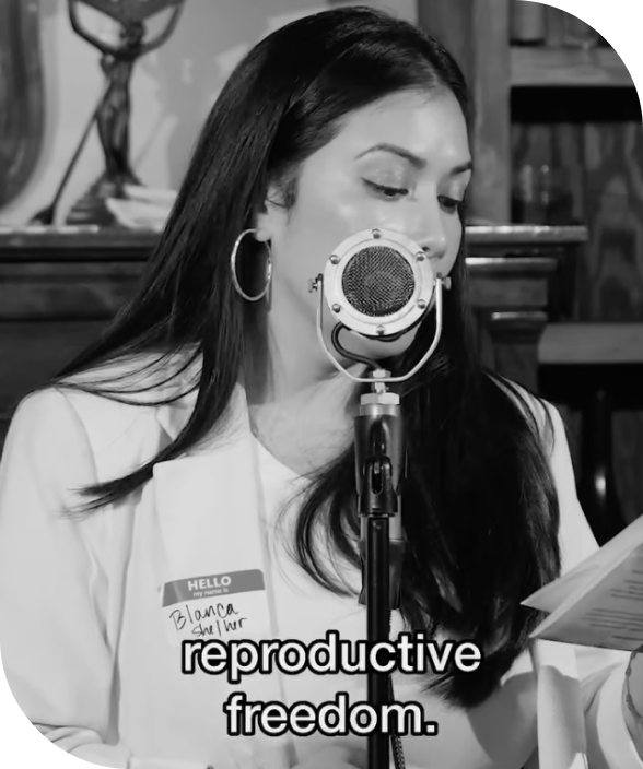 Thumbnail of a woman speaking passionately into a microphone about reproductive freedom.