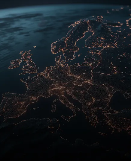 Map of Europe with illuminated fintech hubs, representing financial services digitalization.