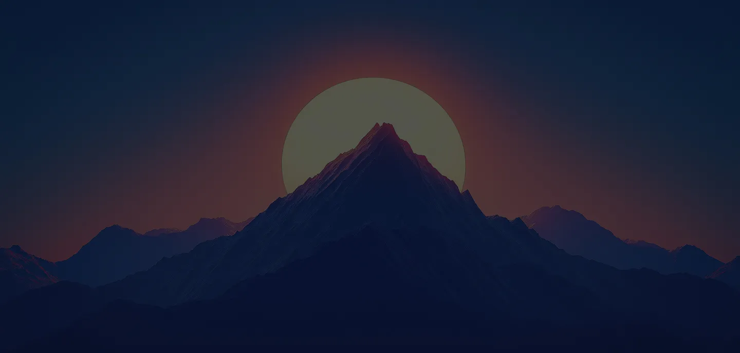 Minimalist vector illustration of a mountain range with the sun rising behind, set on a dark gradient background