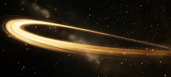 Golden ring of light swirling through the dark expanse of space, dotted with distant stars.