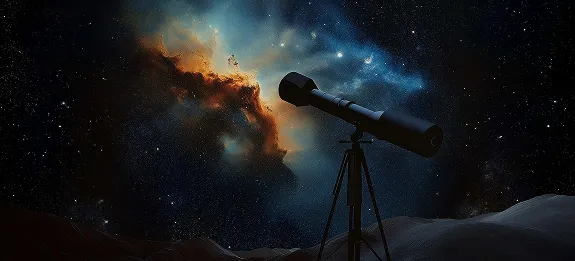 Tripod-mounted telescope silhouetted against a colorful nebula and star-filled night sky.