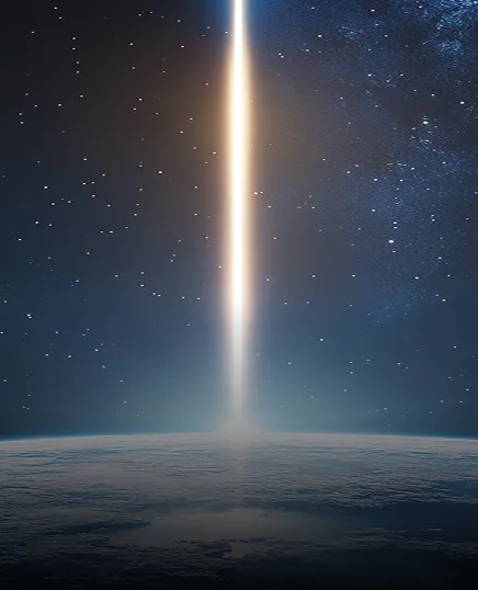 Dramatic vertical beam of bright white light cutting through dark cosmic environment