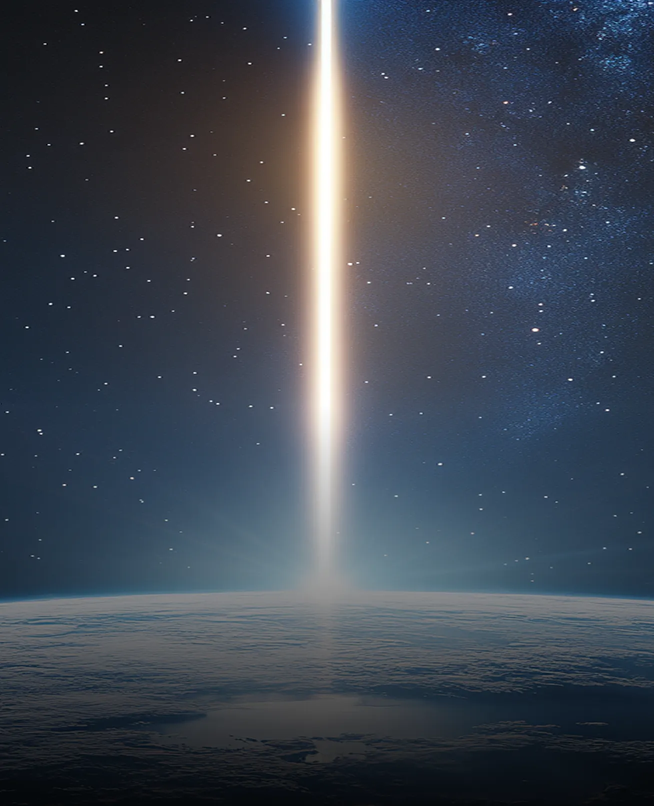 Dramatic vertical beam of bright white light cutting through dark cosmic environment