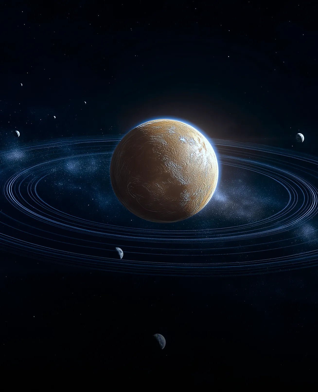 Dark space scene featuring a large planet or moon with cosmic lighting effects