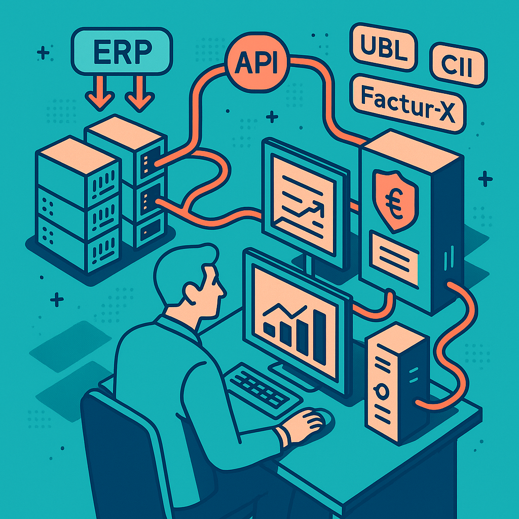 Intégration ERP et facturation électronique avec flux de données API et connecteurs techniques
