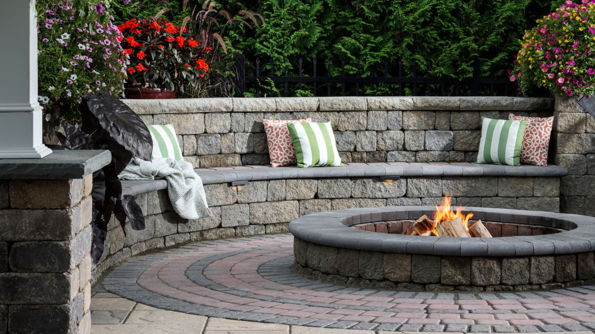 Cozy outdoor living space with firepit and hardscape patio ready for winter in Northern Virginia