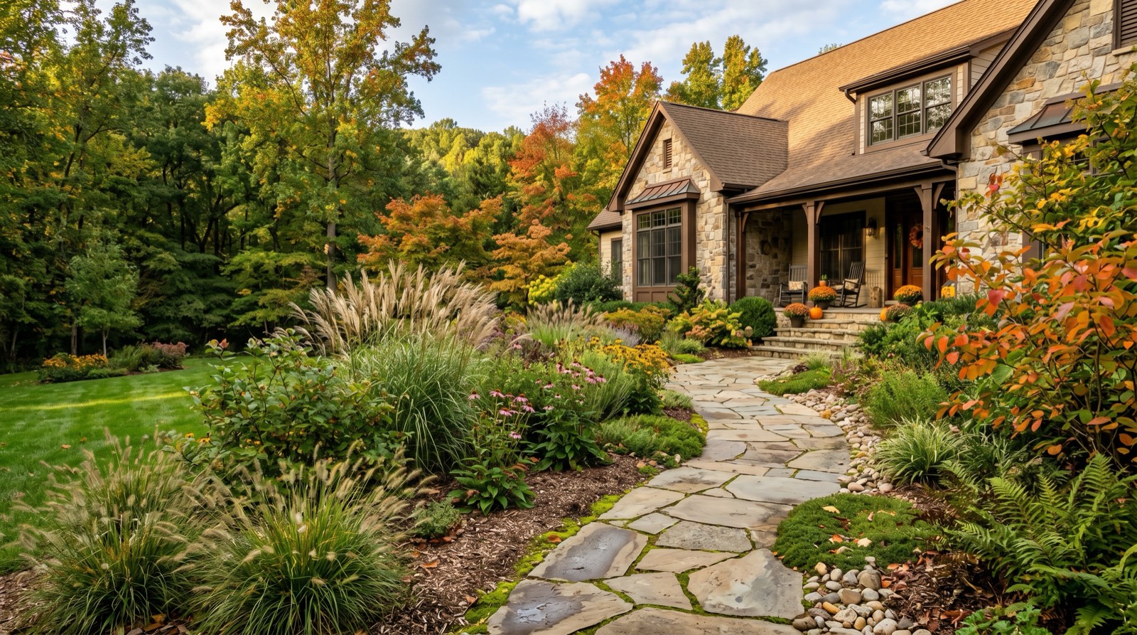 Northern Virginia residential landscape with native plants and stone pathway in autumn