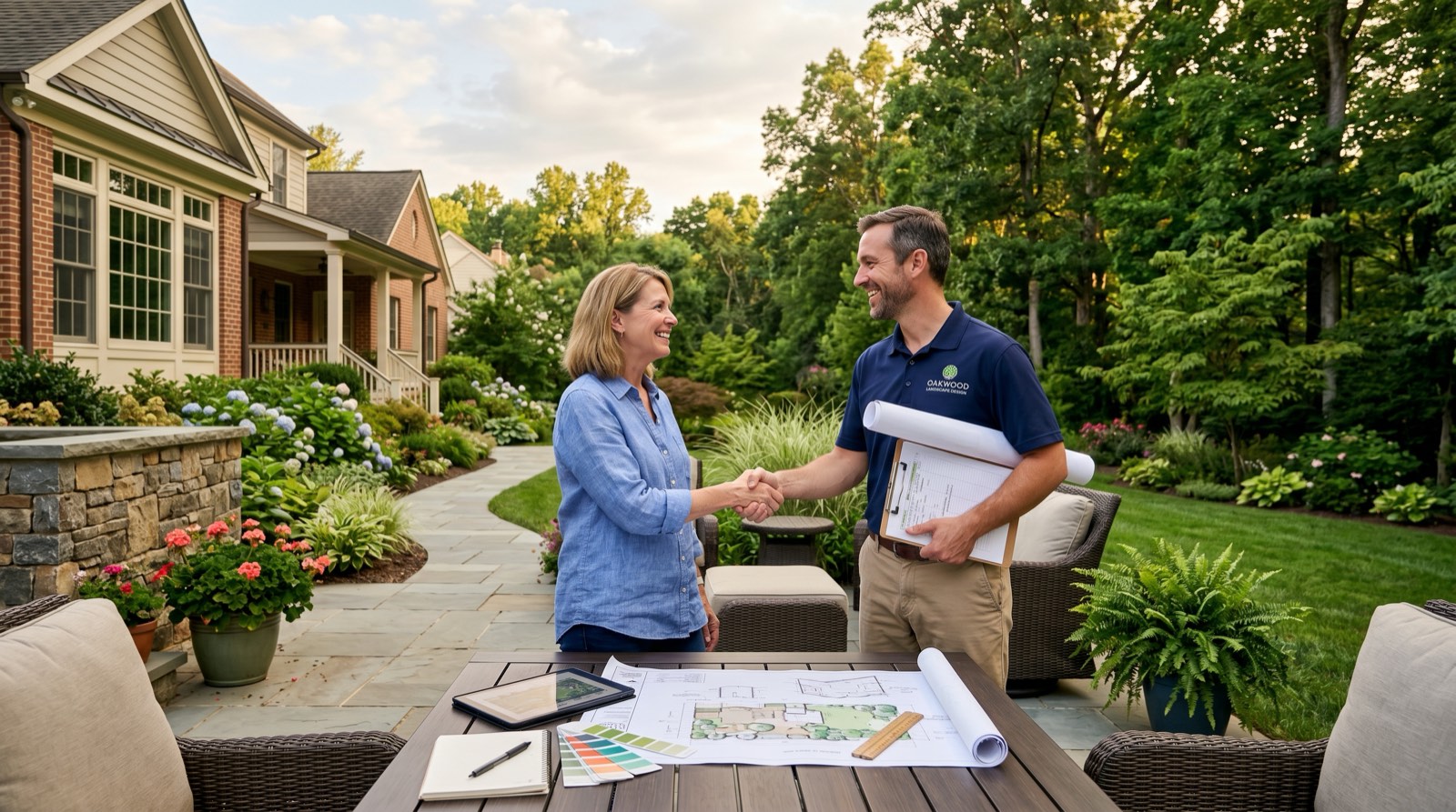 Homeowner meeting with a landscape design consultant in a Northern Virginia backyard