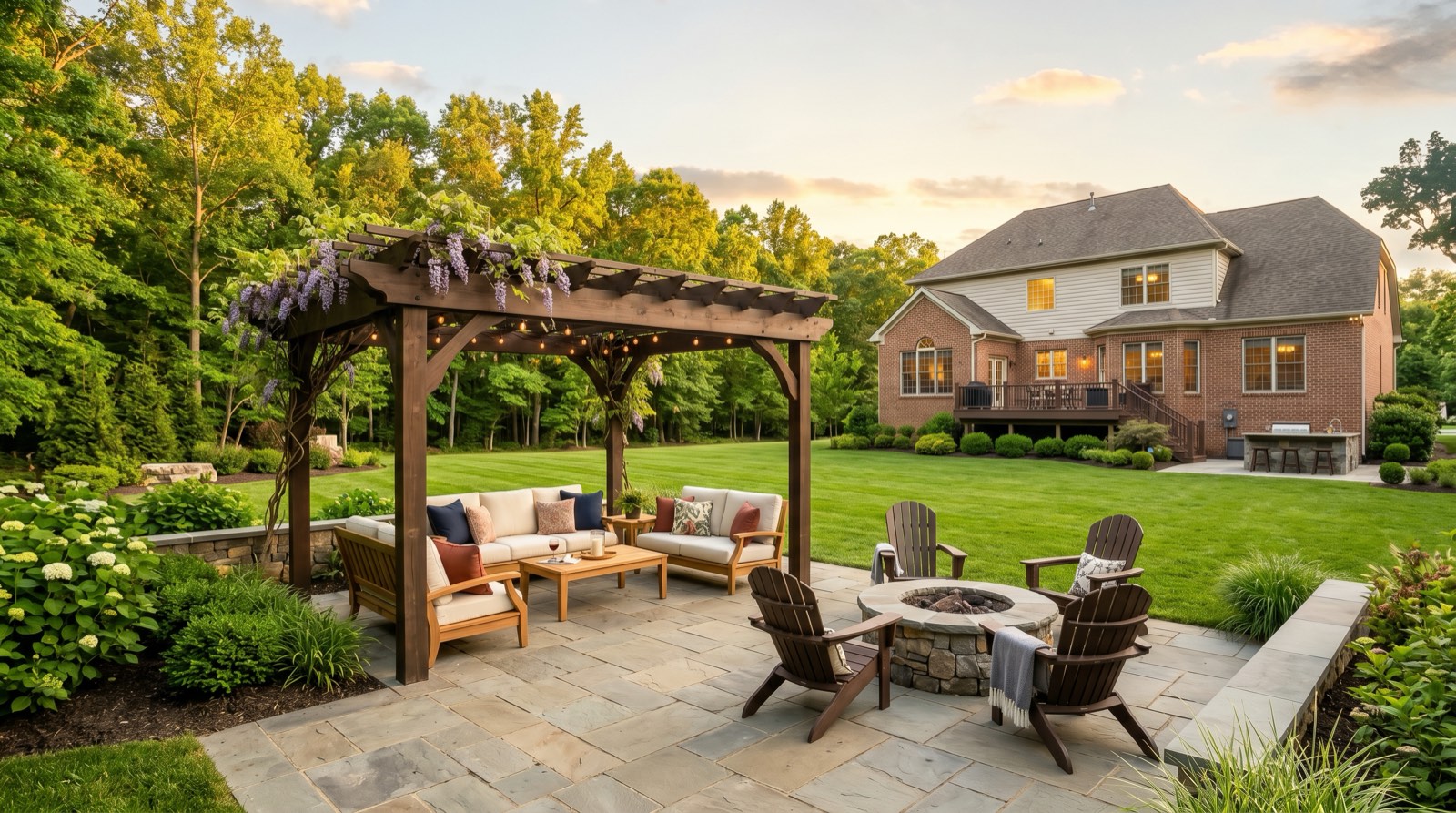 Outdoor living space in Northern Virginia with a paver patio, pergola, and manicured lawn at golden hour