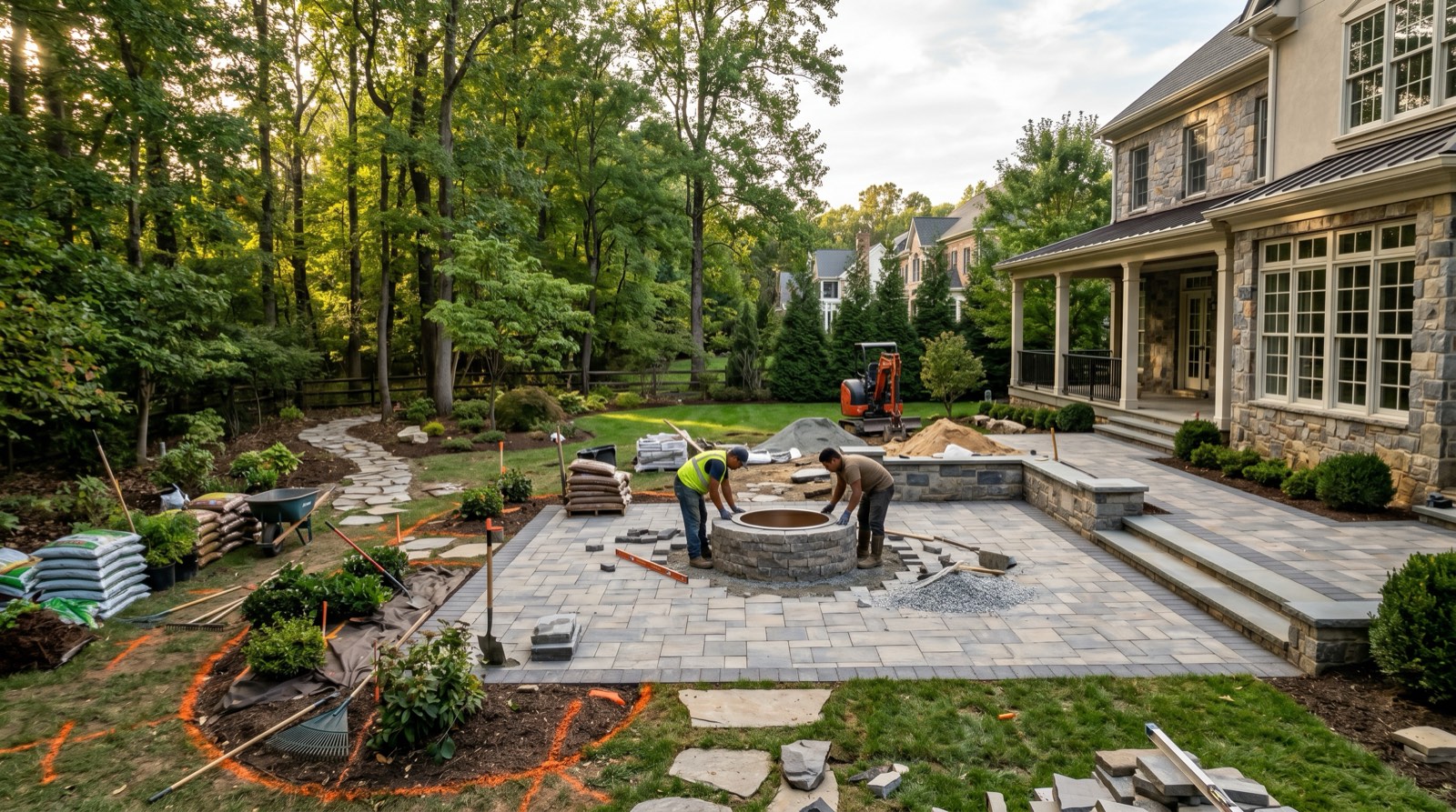 Outdoor living space under construction in Northern Virginia showing patio completion and fire pit installation