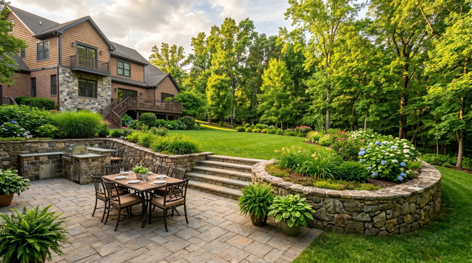 Tiered Northern Virginia backyard with retaining wall and patio creating outdoor living levels