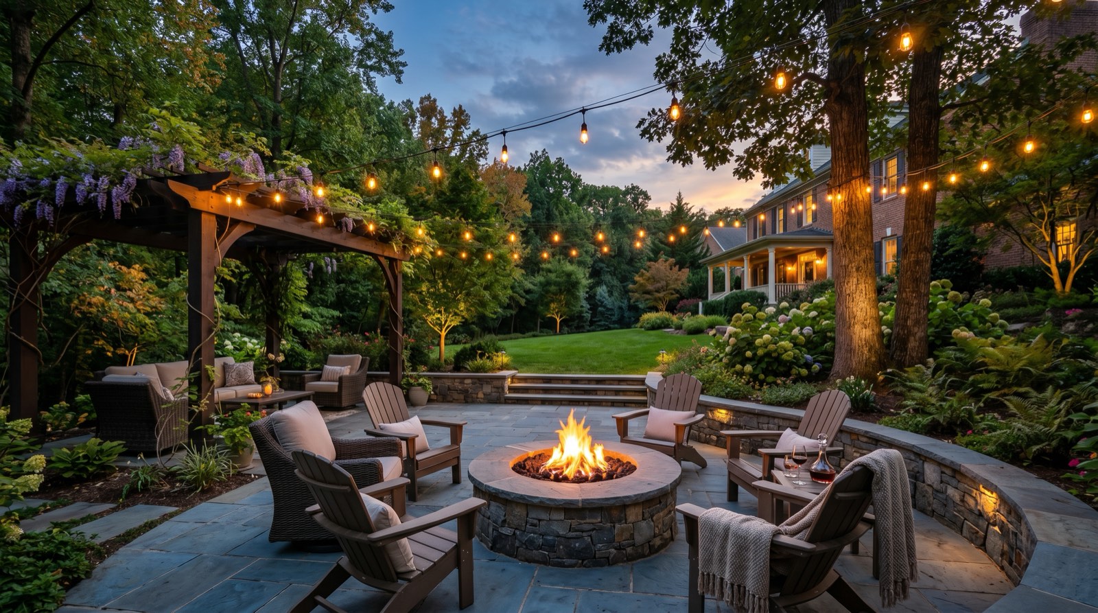 Northern Virginia backyard outdoor living space with stone patio and fire pit at dusk