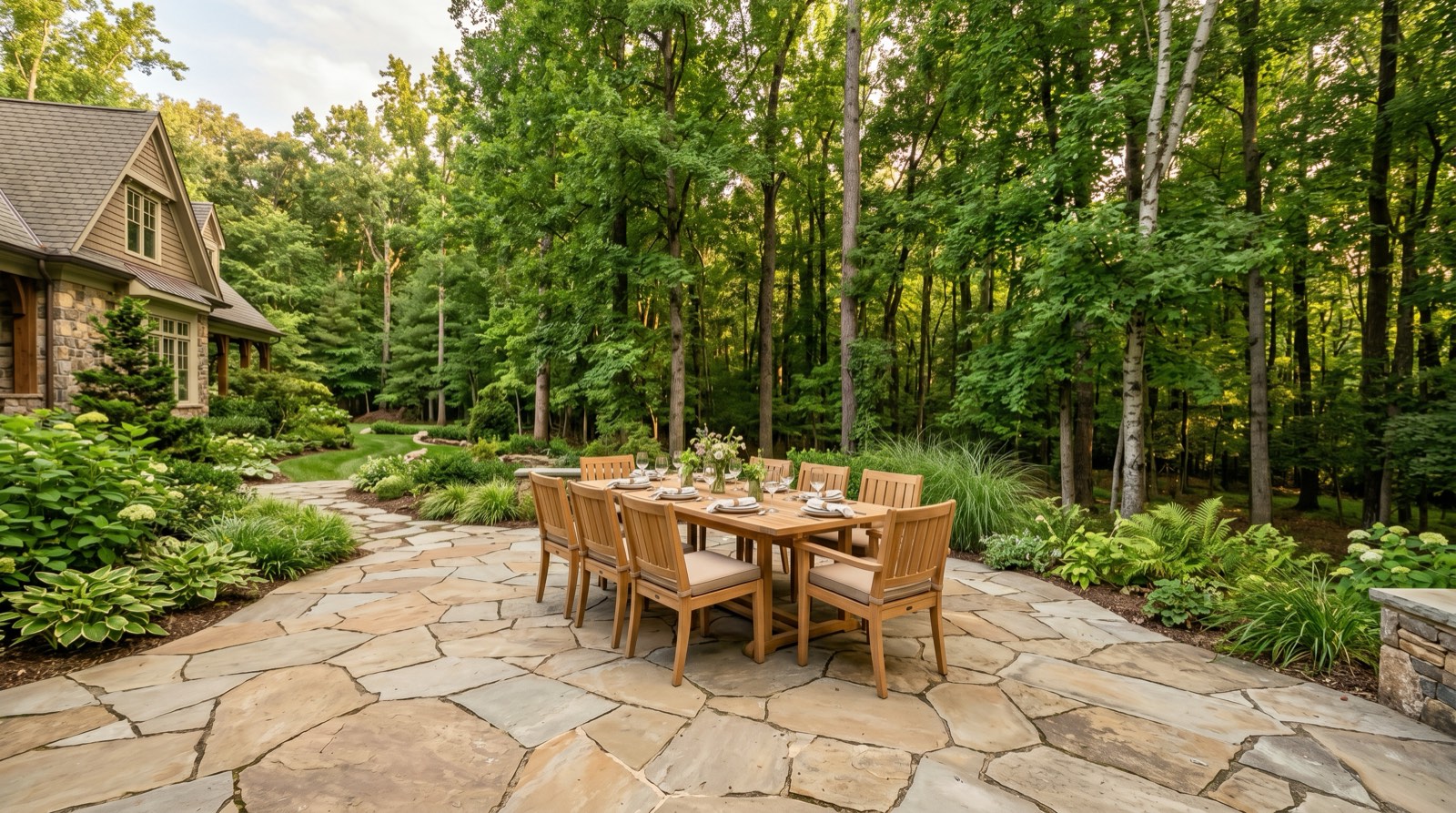 Natural flagstone patio with outdoor dining area in wooded Great Falls Virginia backyard