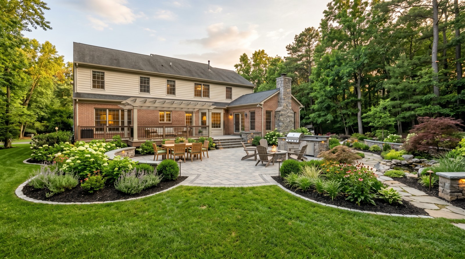Completed landscape design and build transformation in a Northern Virginia backyard with patio and plantings