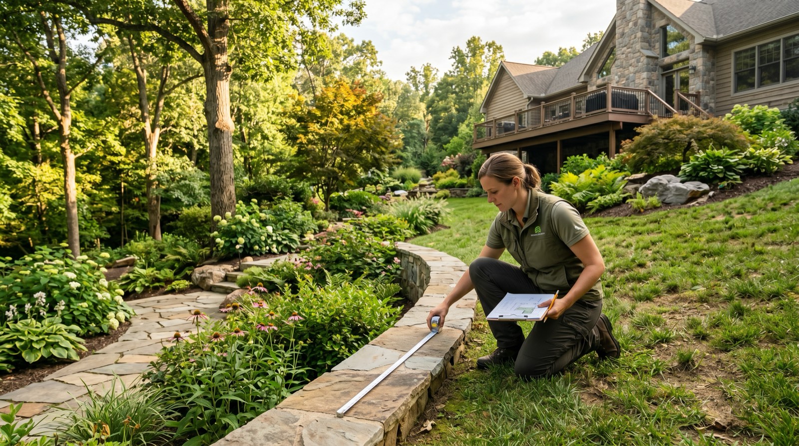 Landscape designer assessing site conditions and taking measurements in a Northern Virginia backyard