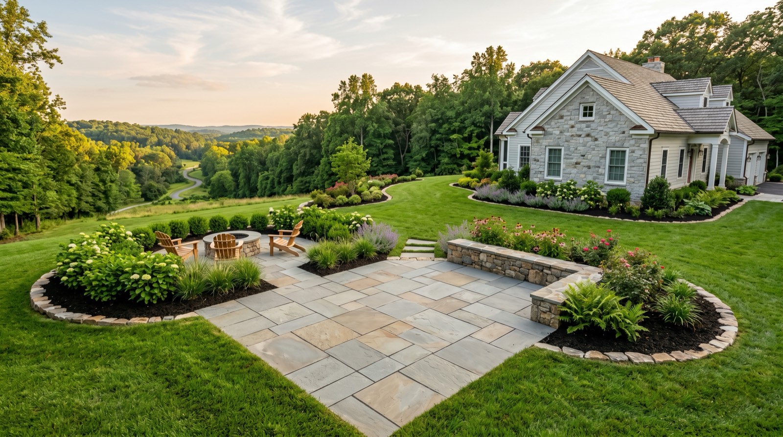 Completed landscape design and build project in Northern Virginia with patio, plantings, and finished yard