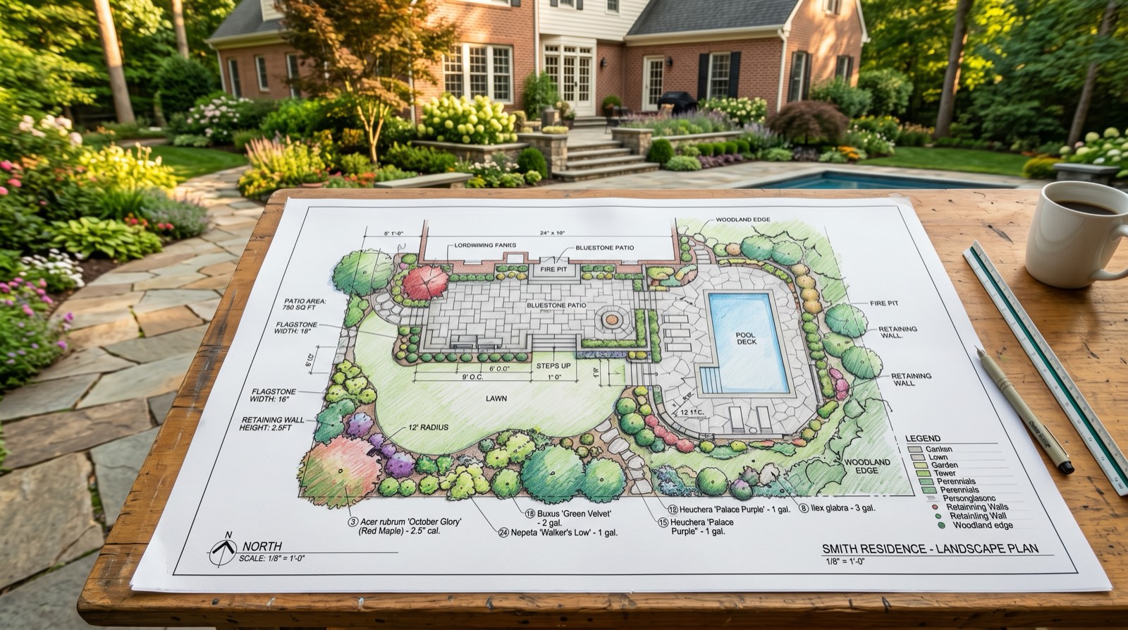 Professional landscape design and build construction drawings showing patio layout and plant specifications